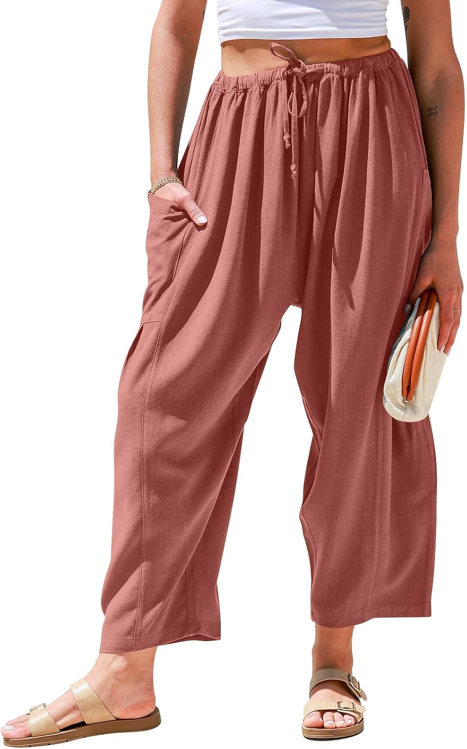 Womens Linen Wide Leg Pants Casual Loose Drawstring Summer Beach Travel Vacation Palazzo Harem Pants with Pockets