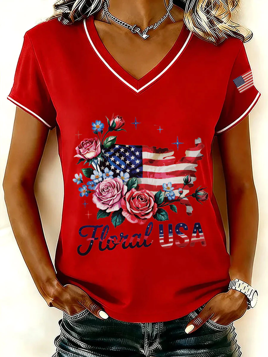 Floral USA Flower Flag Map T-Shirt