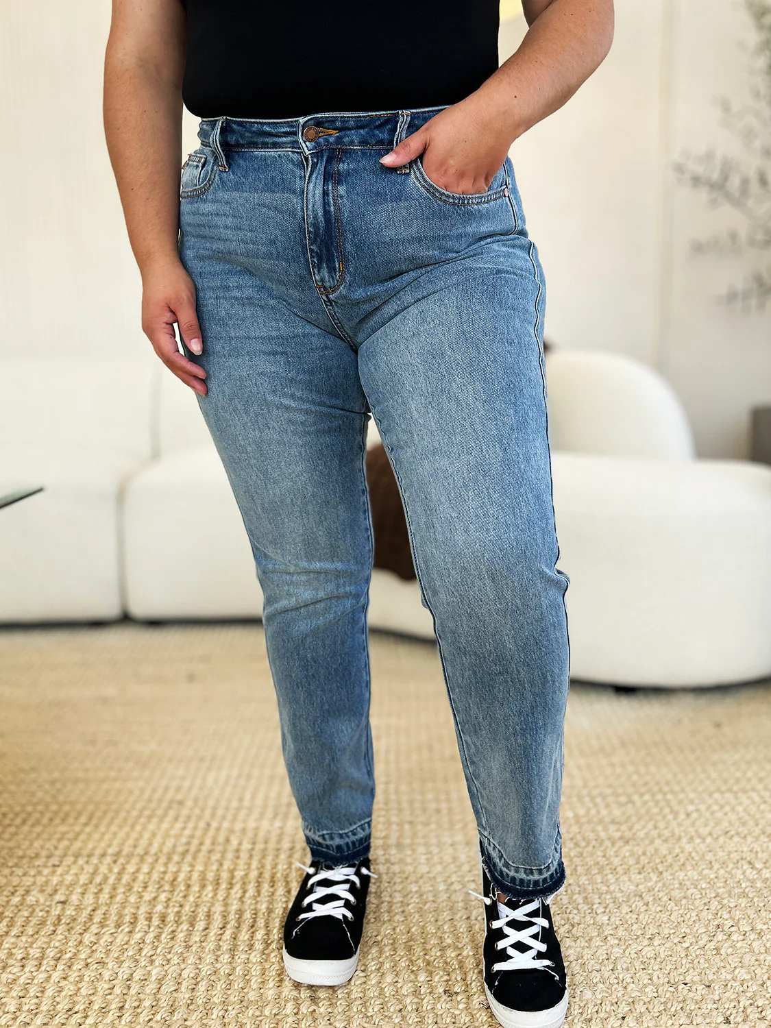 Blue Full Size Mid Rise Rigid Magic Release Hem Jeans