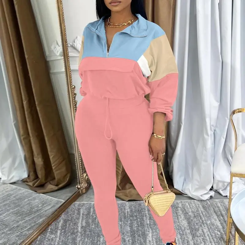 Women’s Colorblock Knit Tracksuit Set – Zip Jacket & Elastic Waist Pants