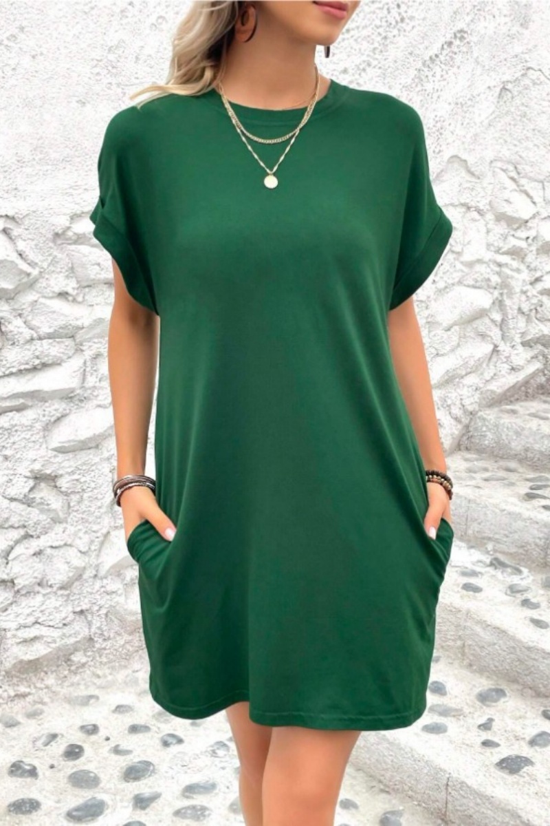 Casual Minimalist Round Neck Roll Up Sleeve Dress