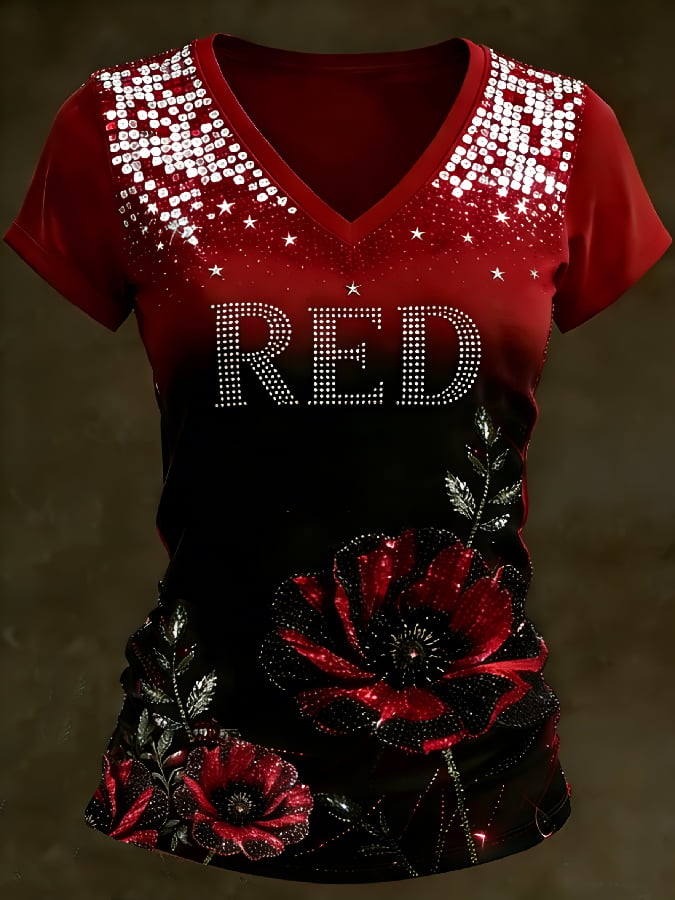 Women's Casual Red Friday Print Short-Sleeve T-Shirt