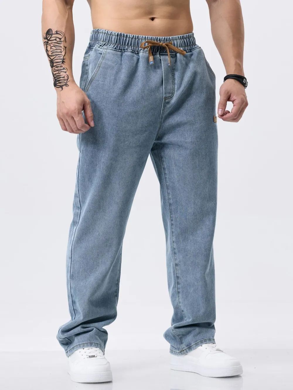 Men's Drawstring Elastic Waist Jeans, Washed Vintage Straight Leg Plain Denim Jeans