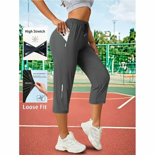 Women’s Capri Pants – Loose Fit, Summer Drawstring Waist, Zipper Pockets
