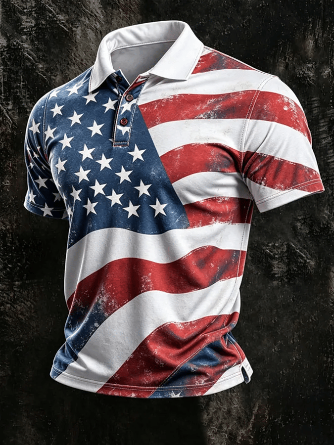 Men's Retro American Flag Print Polo Shirt