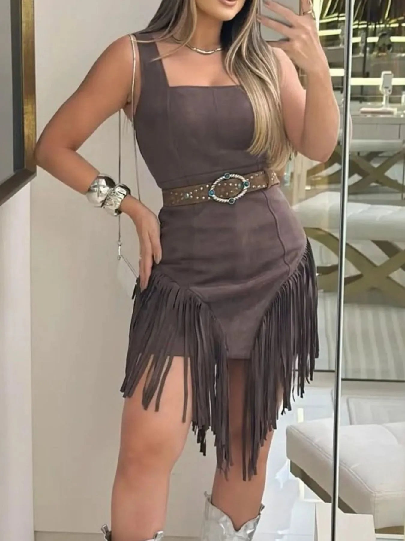 Fringe Square Neck Bodycon Mini Dress