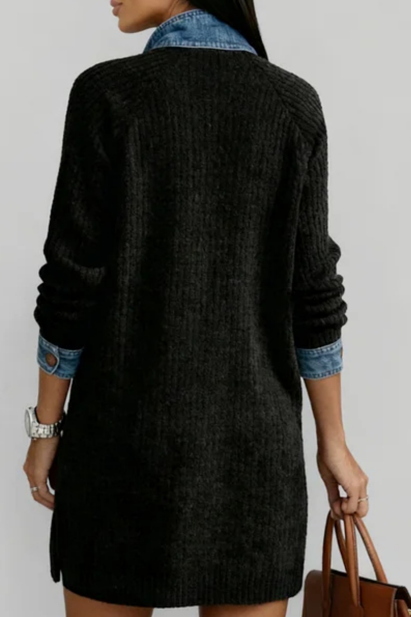 Women's Casual Knitted Patchwork Denim Shirt Collar Button Long Sleeve Mini Dress