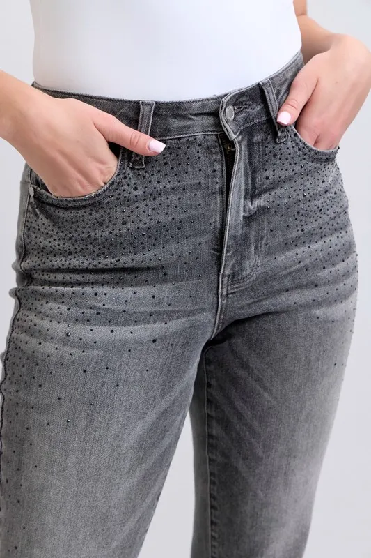 Blue Full Size High Waist Rhinestone Straight Jeans Plus Size