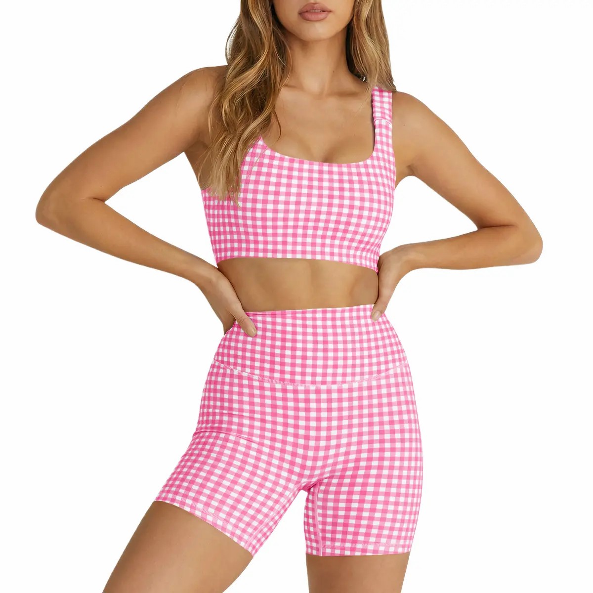 Women's 2-Piece Athleisure Set – Padded Open Back Gingham Crop Tank & High Waisted Seamless Shorts