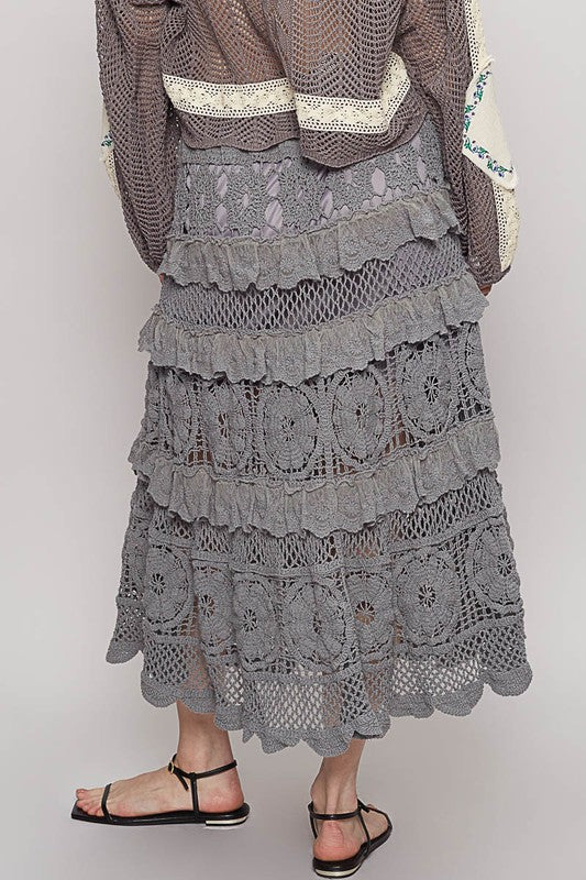 Crochet Lace Ruffled Midi Skirt