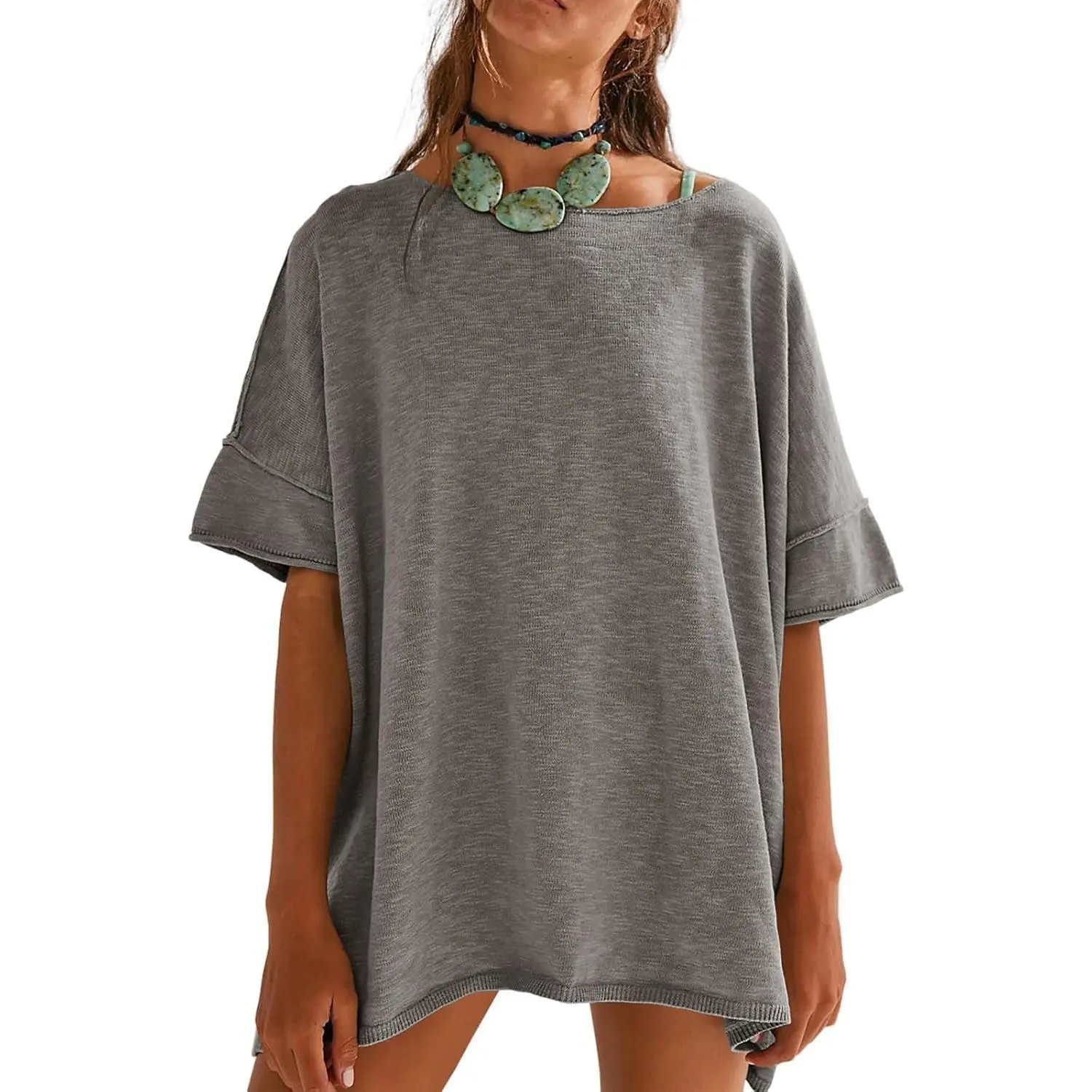 Women's Loose-Fit T-Shirt – Casual Summer Crew Neck Drop-Shoulder Short-Sleeve Top with Side-Slit Hem