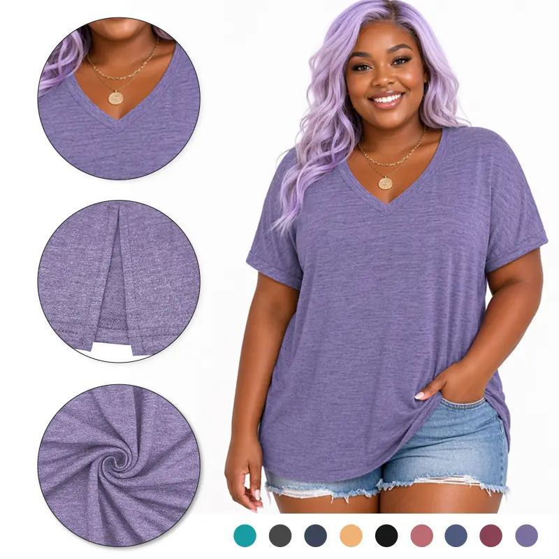 Women's Plus-Size V-Neck Short-Sleeve T-Shirt — Casual, Loose-Fit Summer Top — Soft, Breathable Basic Tee