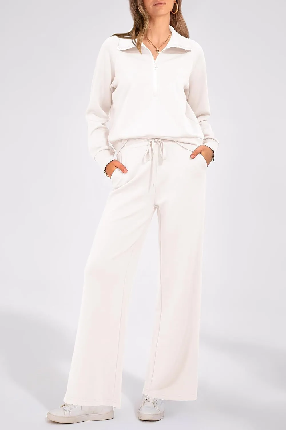 🔥Final Day Clearance!🛒Women's 2 Piece Outfits Casual Lapel Half Zip Sweatshirts And Wide Leg Pants Tracksuit Sets🔥8-PACK ONLY $28🔥