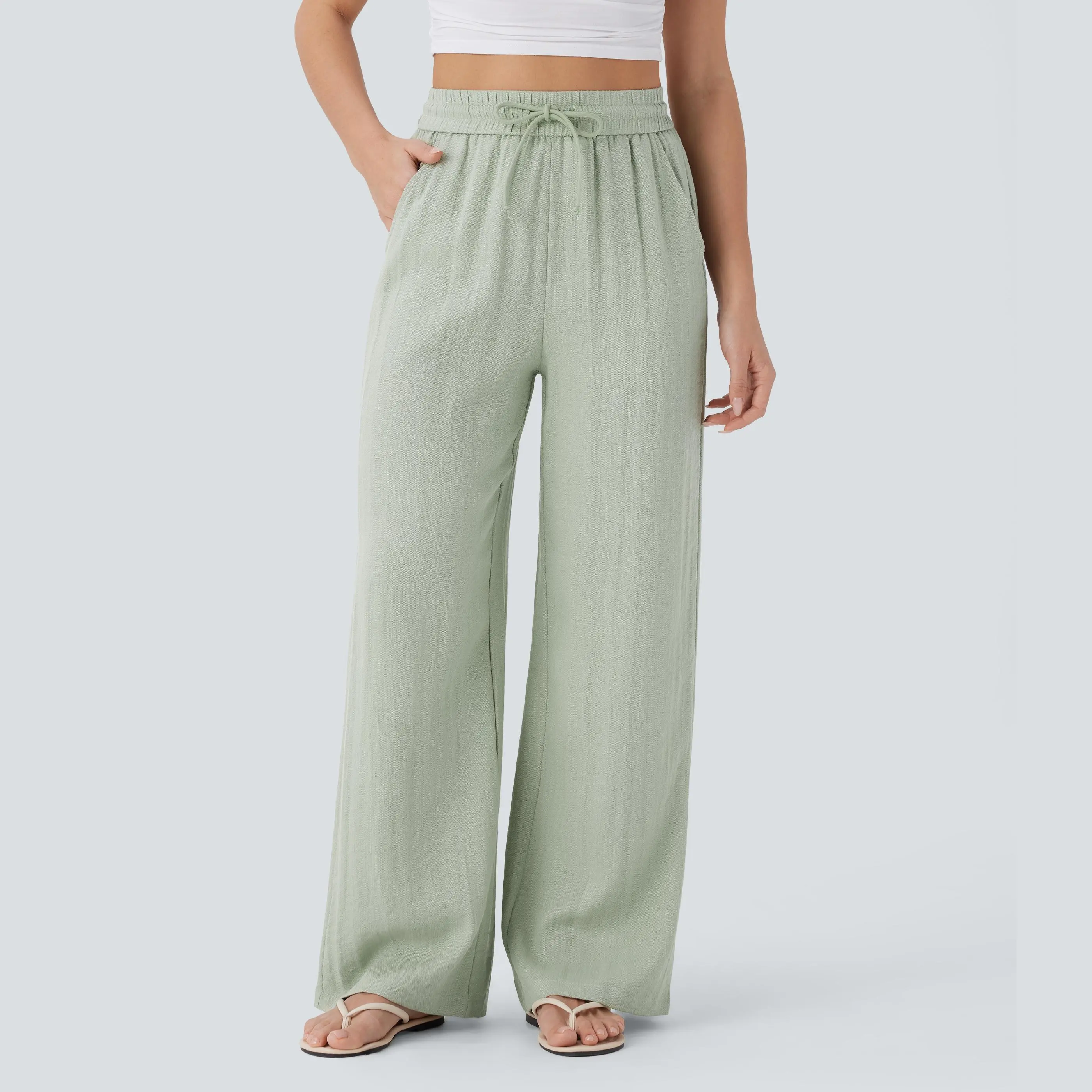 [Creator's Pick] High-Waisted, Drawstring, Pocketed, Wide-Leg Casual Trousers (Faux Linen)
