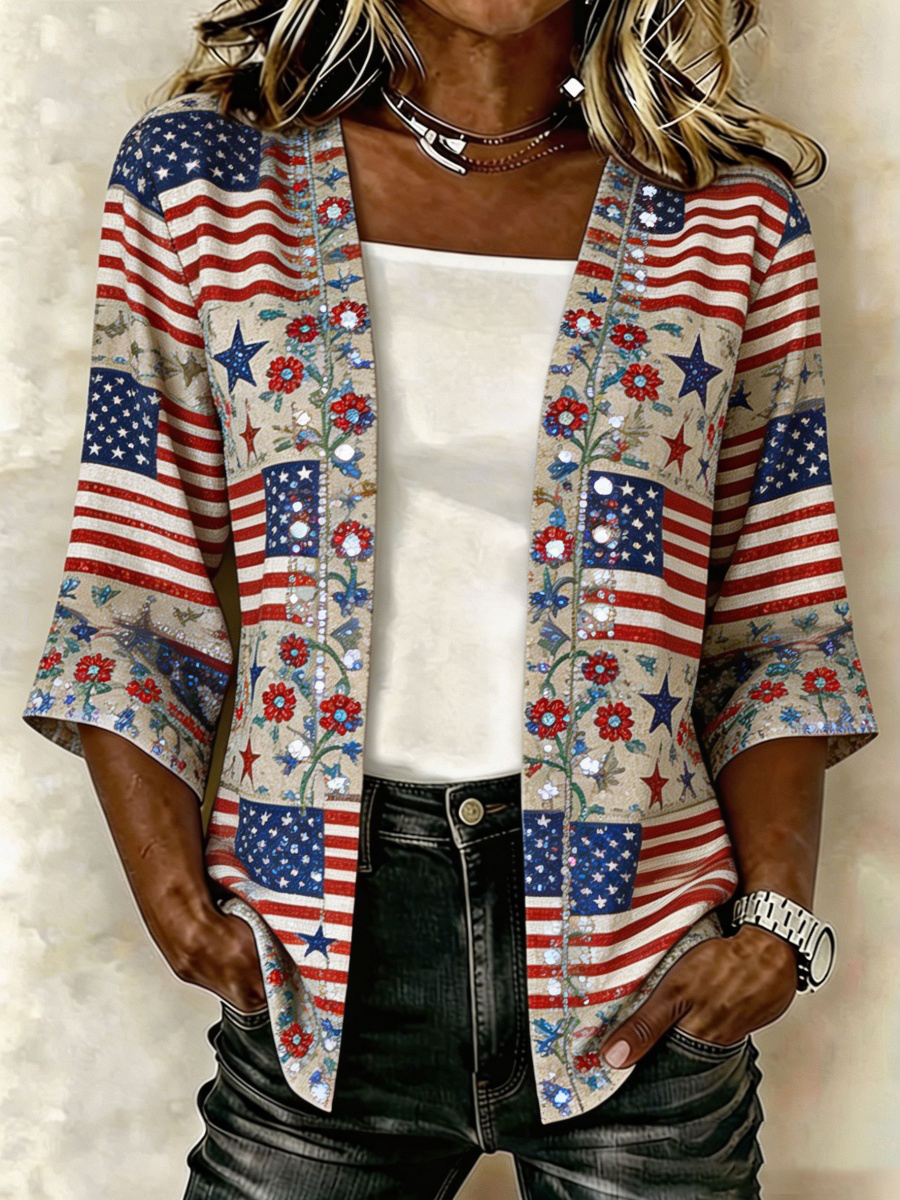 Women's Vintage Floral & Flag Art Casual Cardigan