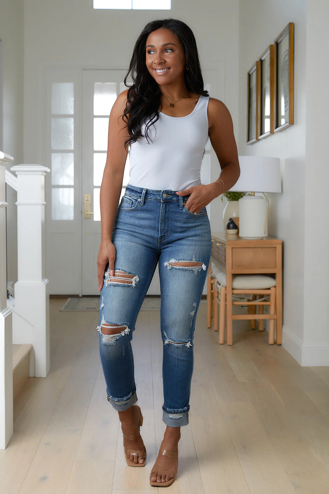 High Rise Distressed Straight Jeans