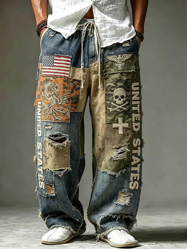 Men's Vintage Patchwork American Flag & Skull Print Casual Pants