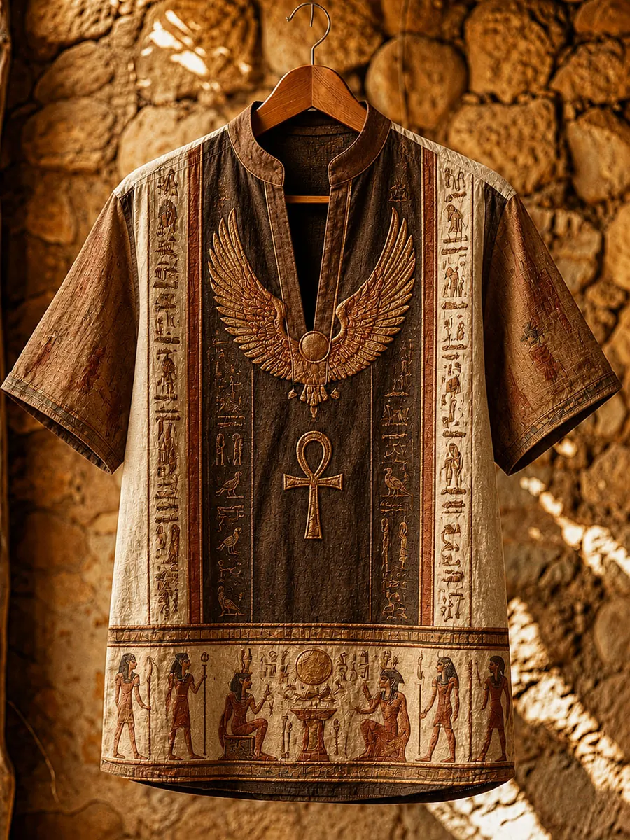 Ancient Egyptian Men’s Short Sleeve Shirt – Hawk & Ankh Embossed Hieroglyphic Top