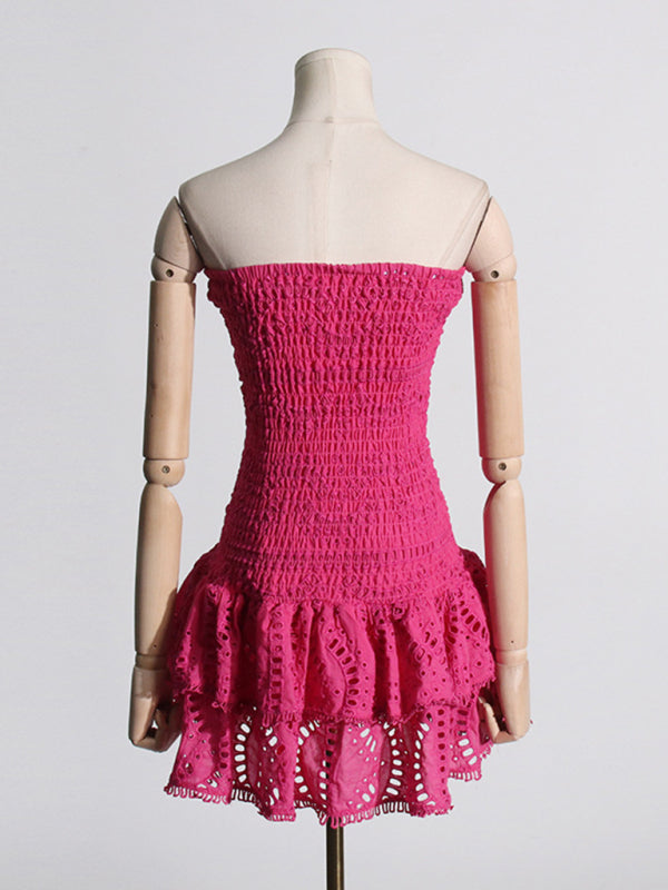 Embroidered Tube Top Dress With Hollow Ruffles And Stitching Design A-Line Skirt