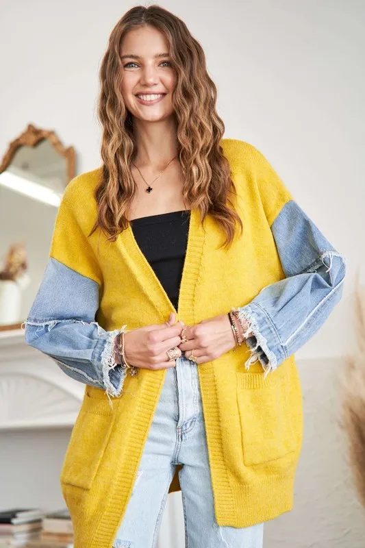 Full Size Frayed Denim Sleeve Sweater Cardigan Plus Size