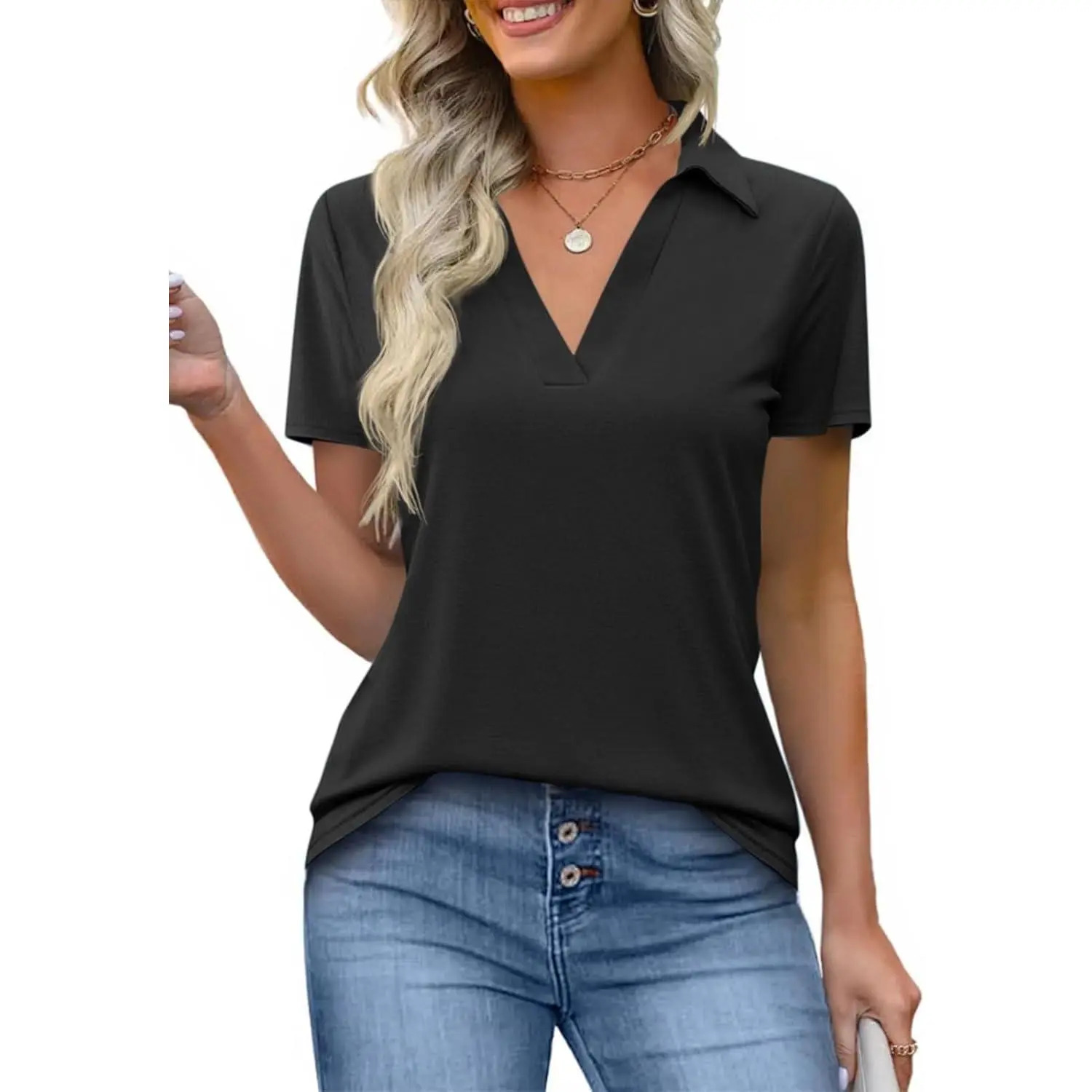 Women's Short-Sleeve Slim-Fit Lightweight Polyester V-Neck Polo Shirt