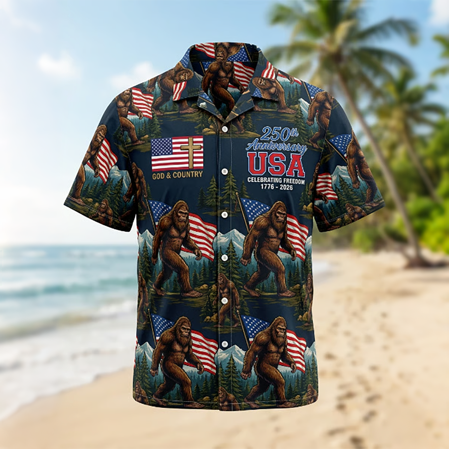 Men's Bigfoot Art U.S. 250th Anniversary Hawaiian Short-Sleeve Shirt