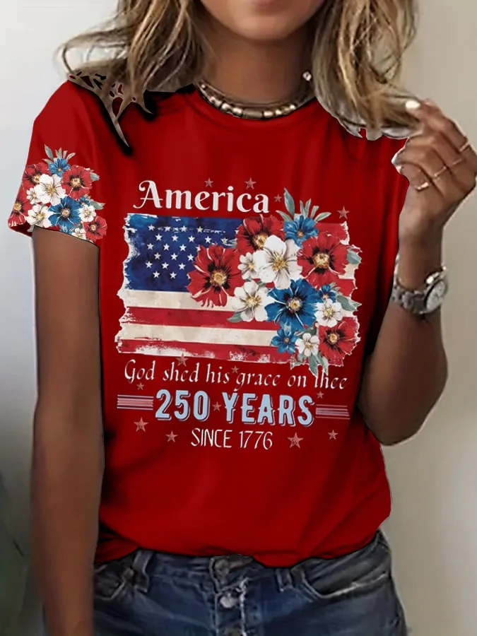 Ladies' Casual 250Th Anniversary Celebration Of The Founding Of The United States Floral Print Round Neck T-Shirt