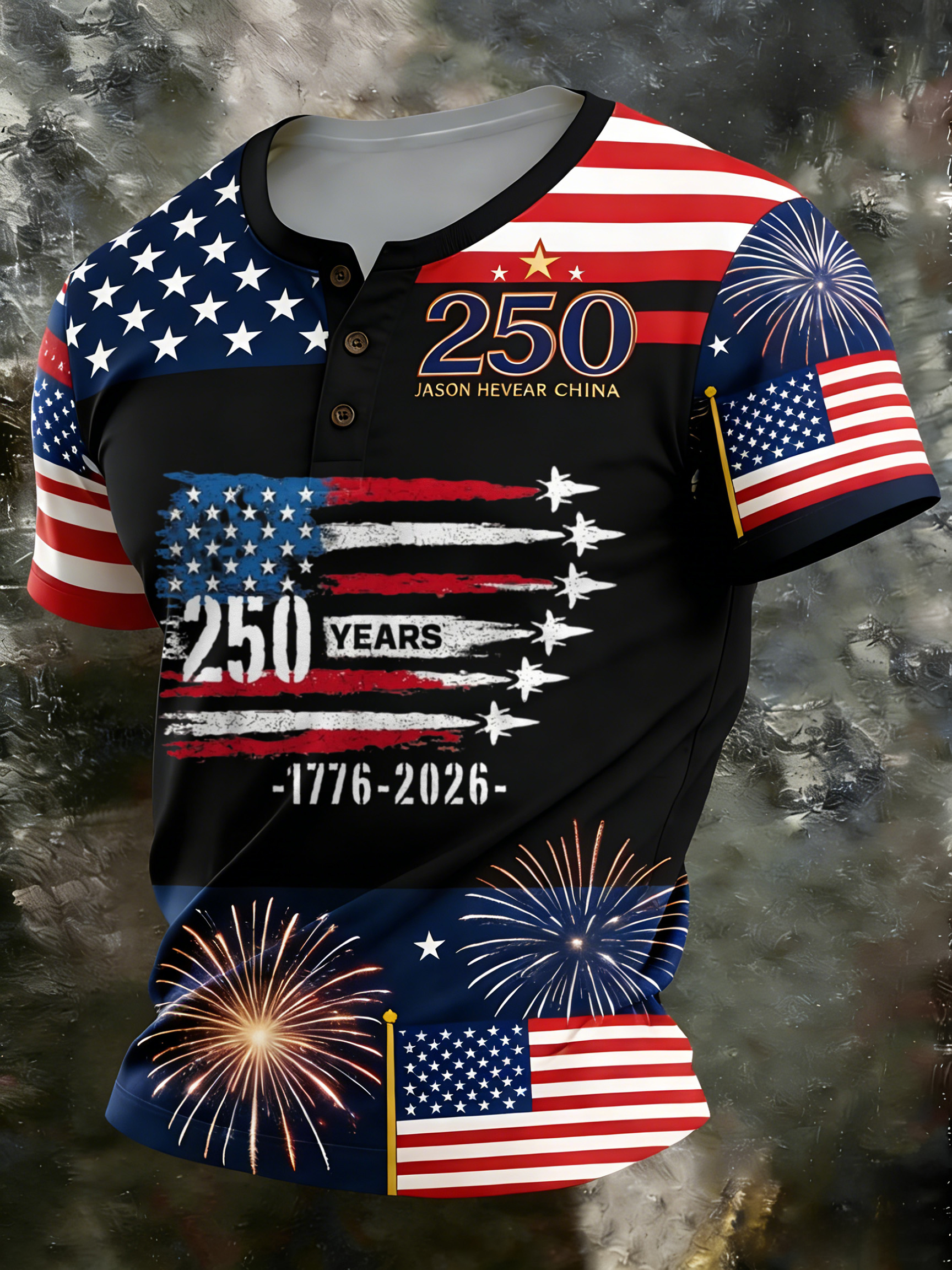 Men'S And Women'S 250Th Anniversary Celebration Henry Round Neck Button T-Shirt
