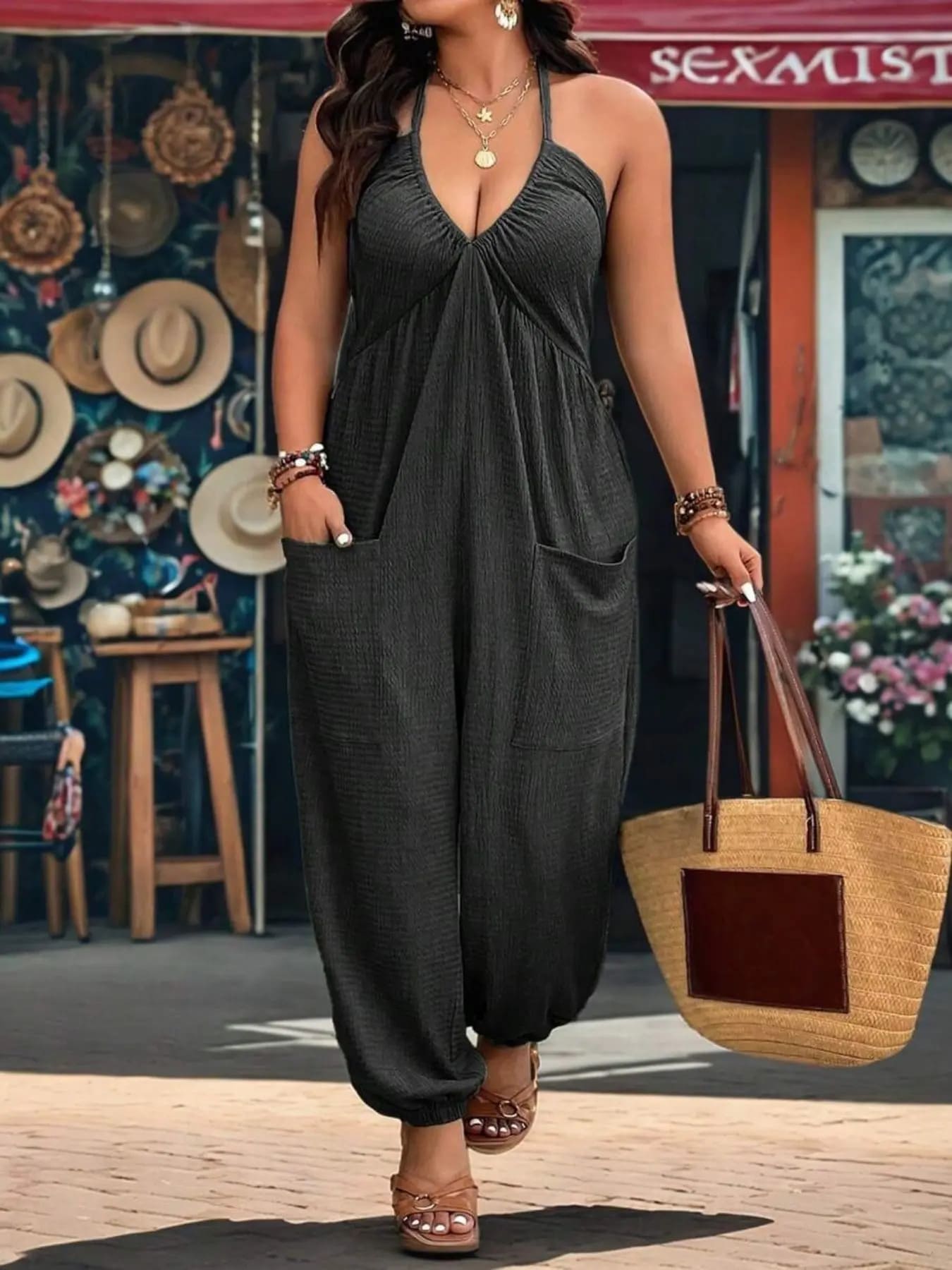 Solid Color Pocket Open Back Jumpsuit, Casual Sleeveless Jumpsuit for Daily Wear