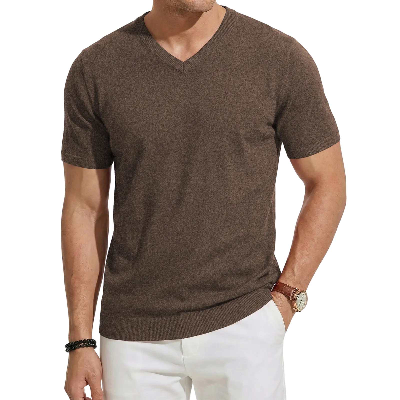 Men's Wool Blend Short Sleeve V-Neck Sweater Soft Textured Knit Pullover for Business Casual Wear