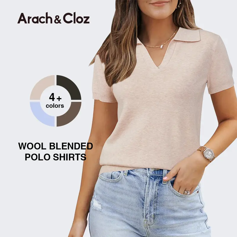 Women's Wool-Blend Polo Shirt — Summer Knit Top: Soft, Short-Sleeve Business-Casual Style
