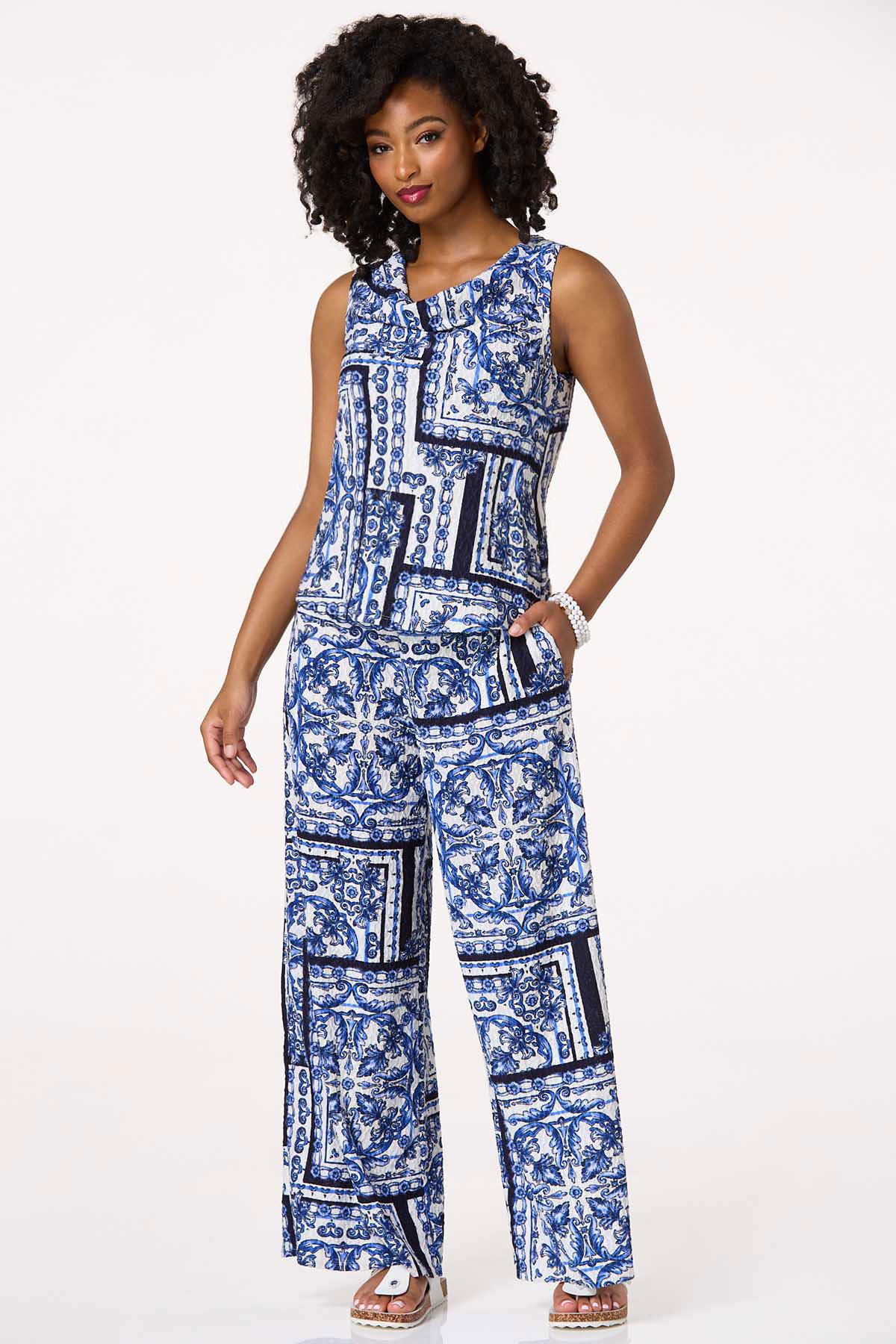 Textured Blue Floral Pants
