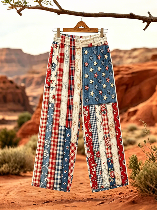 Women's Ditsy Floral Plaid Stars and Stripes Print Casual Pants