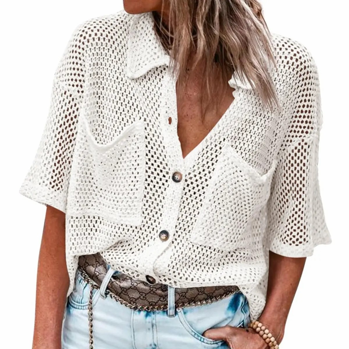 Women's Crochet Lightweight Cardigan – Short Sleeve Button Down Summer Cover Up