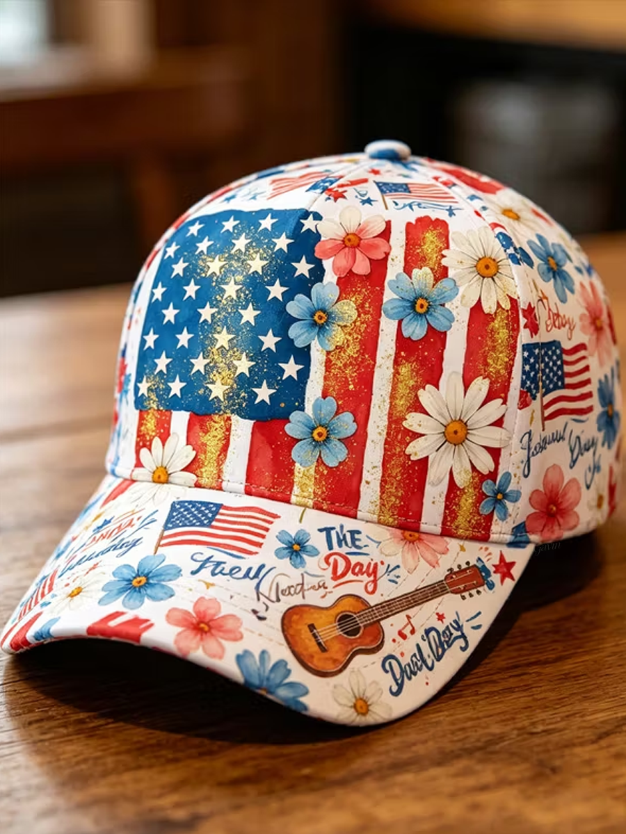 Men'S Independence Day American Flag Flower Guitar Print Baseball Cap