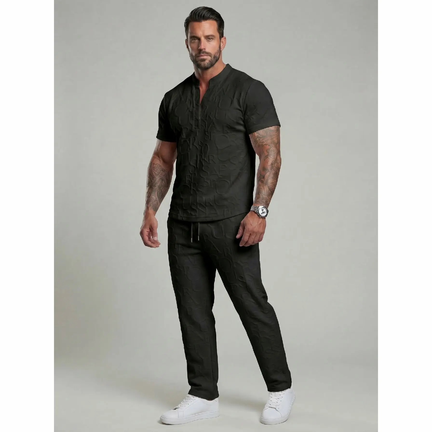 Men's Textured Letter Embossed Tee & Drawstring Waist Pants