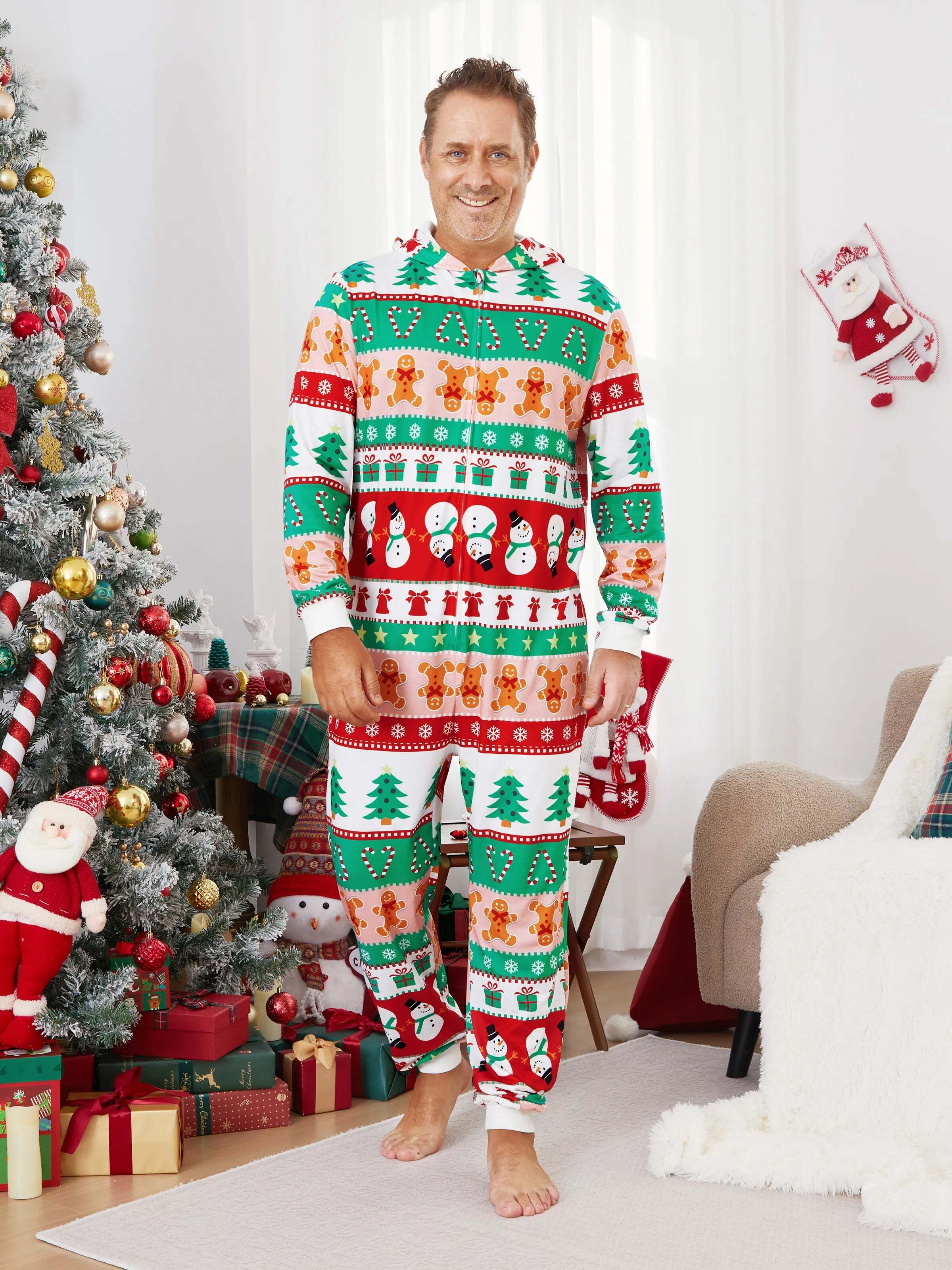 Onesies Pajamas Matching Christmas Outfits Allover Pattern Zipper Front Holly Jolly Print with Christmas Socks Back MultiColour
