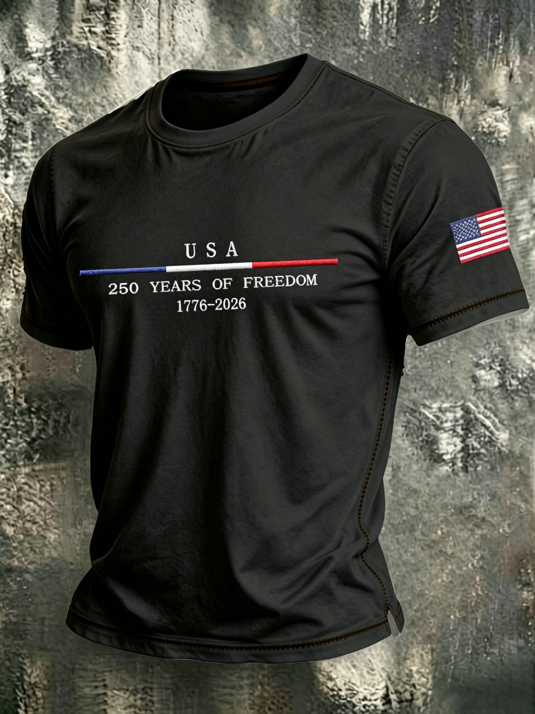 Men'S Casual USA 250Th Anniversary Embroidered Commemorative Round Neck T-Shirt