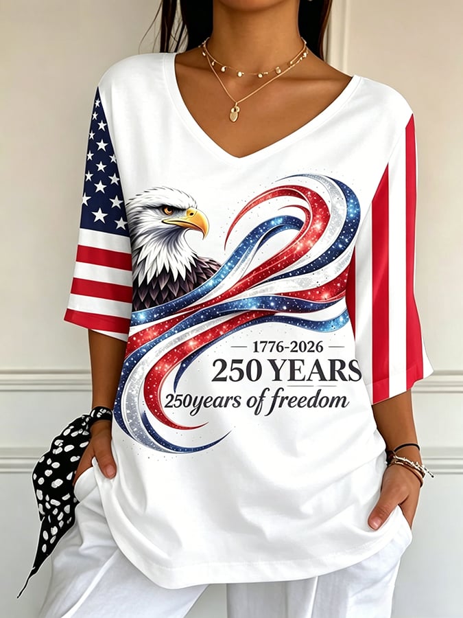 Women'S Usa 250th Anniversary Print Ribbed V-Neck Long-Sleeve Top
