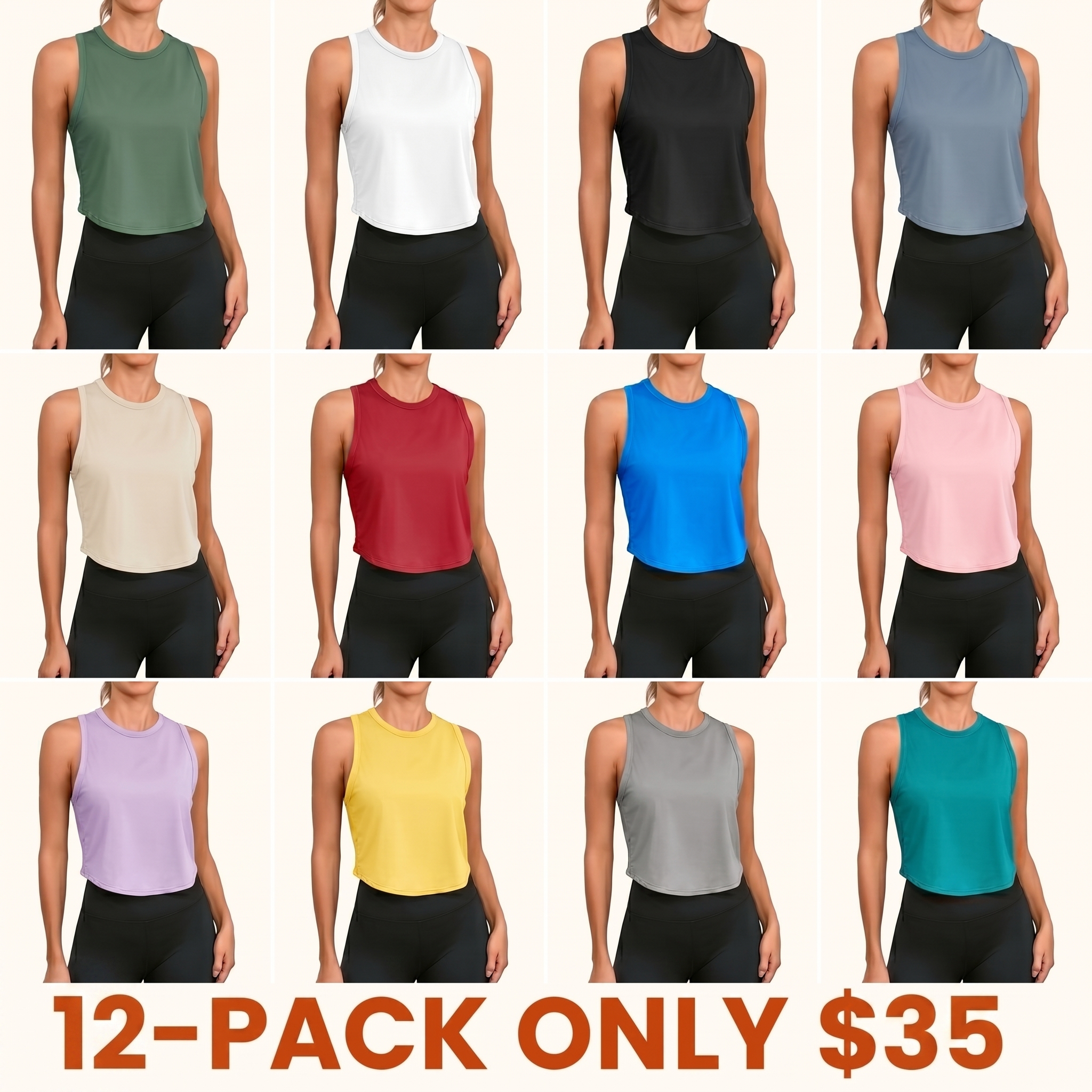 Women's Cropped Sports Tank Top — Racerback, Sleeveless, Crew Neck