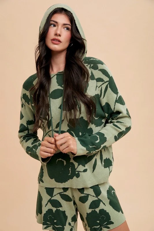 Wear Flower Pattern DrawstringHooded Top and Shorts Sweater Set