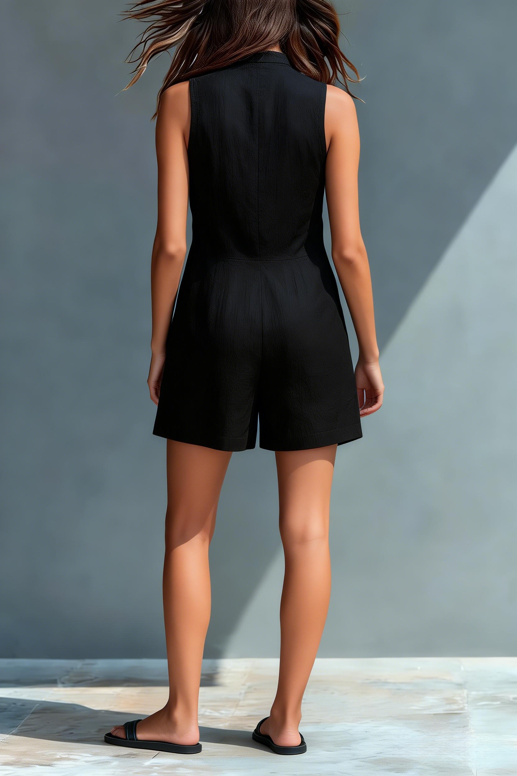 Women'S Minimalist Linen Blend Button-Down Collar Sleeveless Loose-Fitting Jumpsuit Shorts