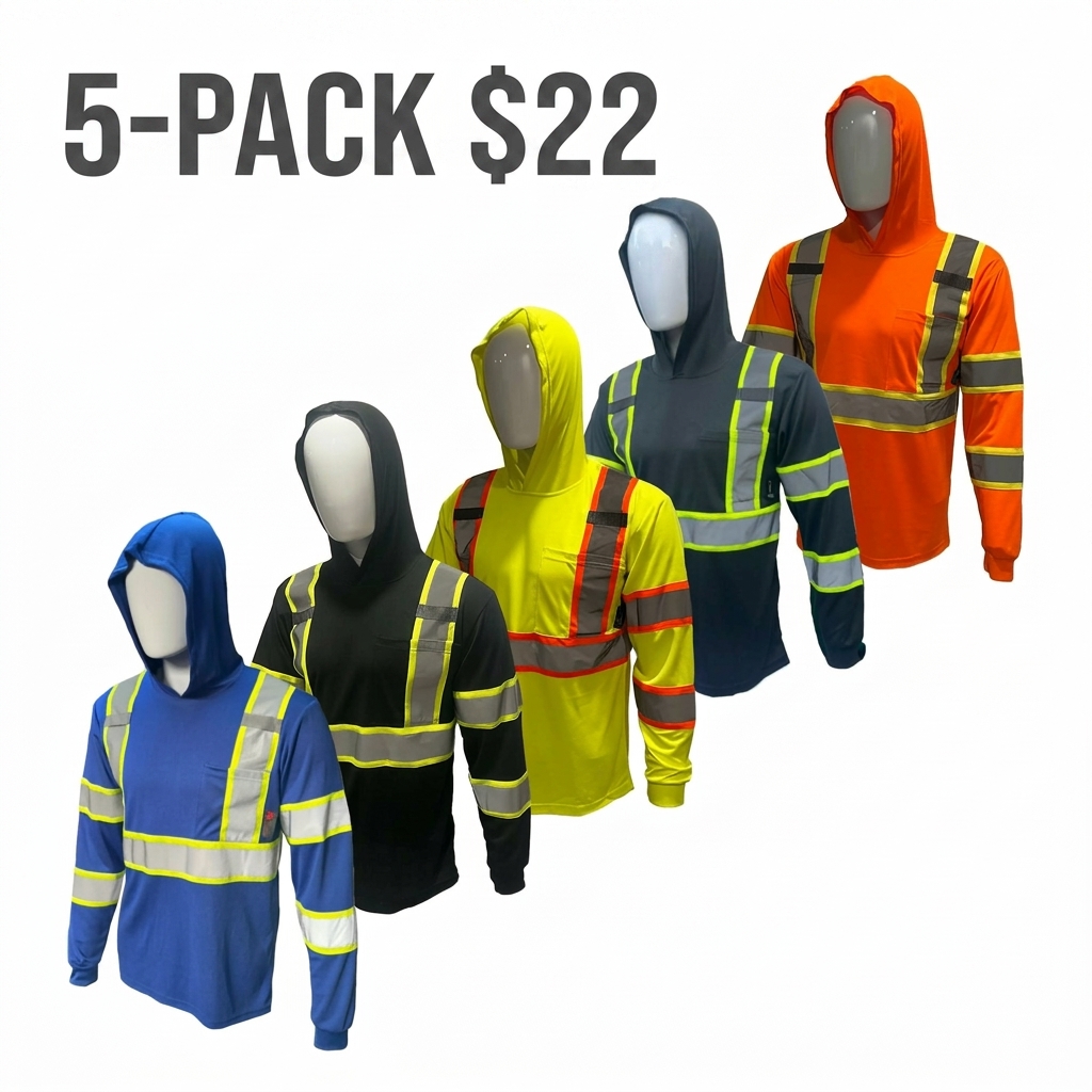 5 PACK SHIRT ST908 High Visibility Hoodie Long Sleeve Safety Shirt with hoodie Polyester Birdeye Mesh in various color