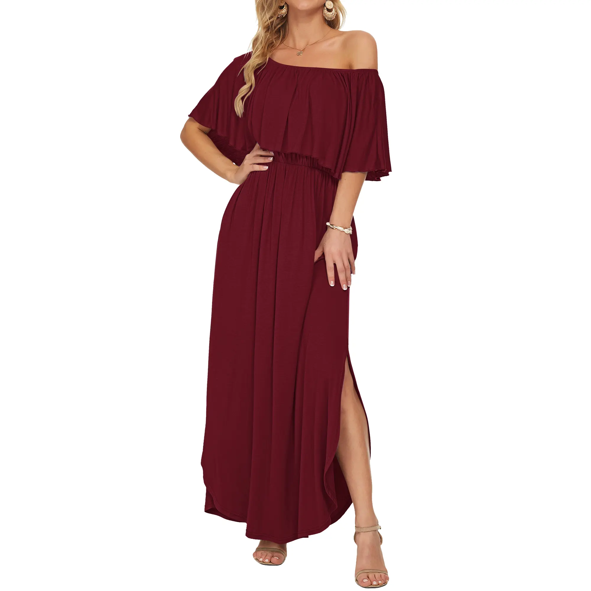 Womens Off The Shoulder Dress Wedding Guest Dress Summer Casual Long Ruffle Party Side Split Beach Maxi Dresses with Pockets