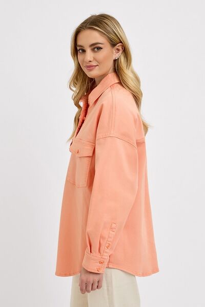 Full Size Button Down Long Sleeve Denim Shacket with Chest Pockets