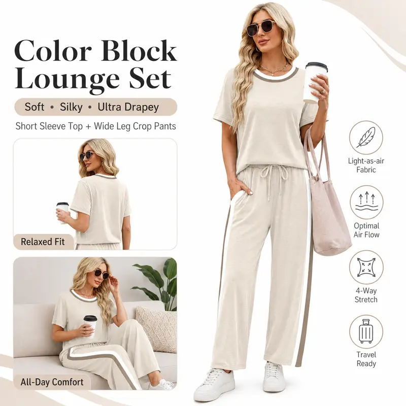 2 Piece Lounge Sets for Women Matching Set Summer Outfits Short Sleeve Tops Wide Leg Pants with Pockets