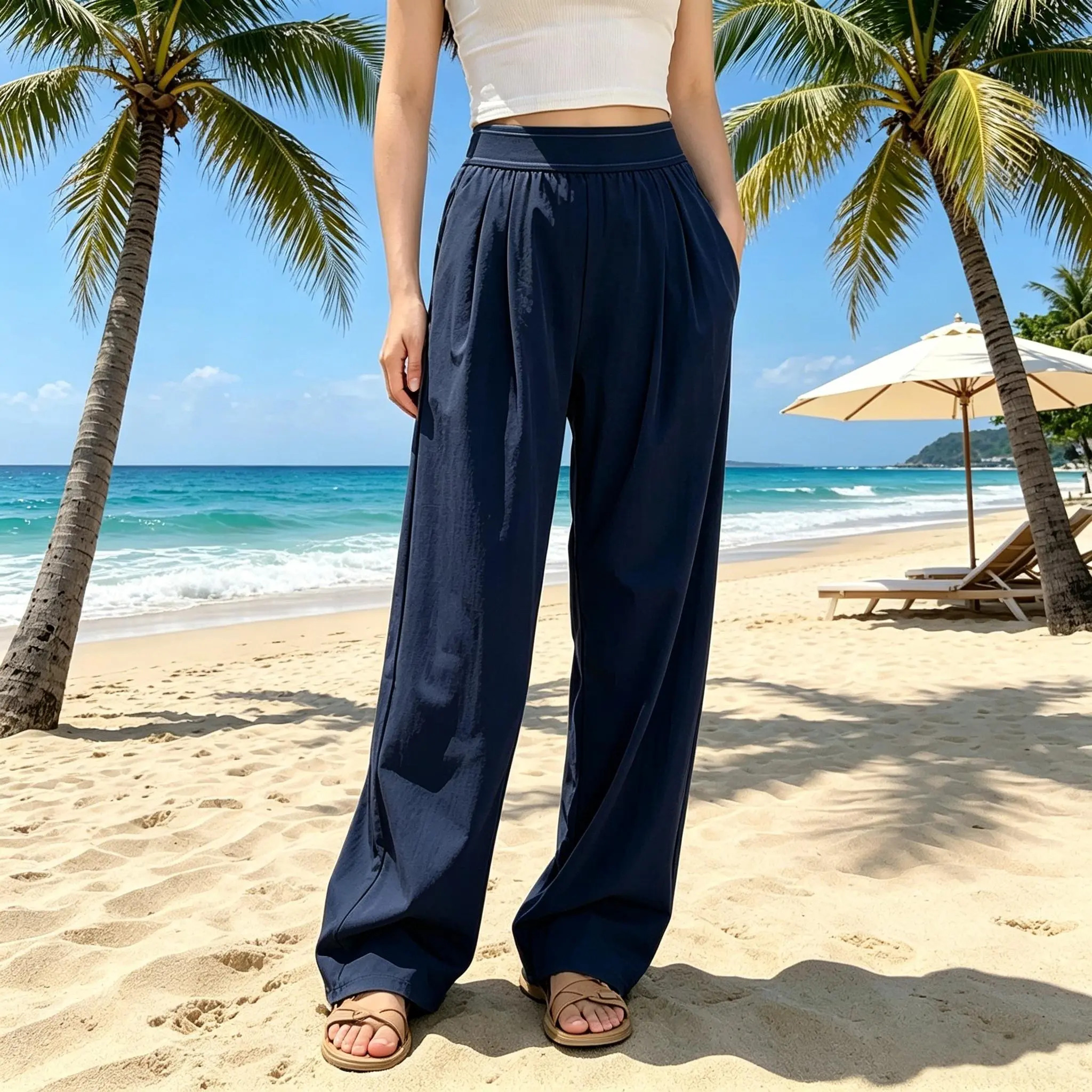 Women's High-Waisted Wide-Leg Casual Pants (with Pockets)