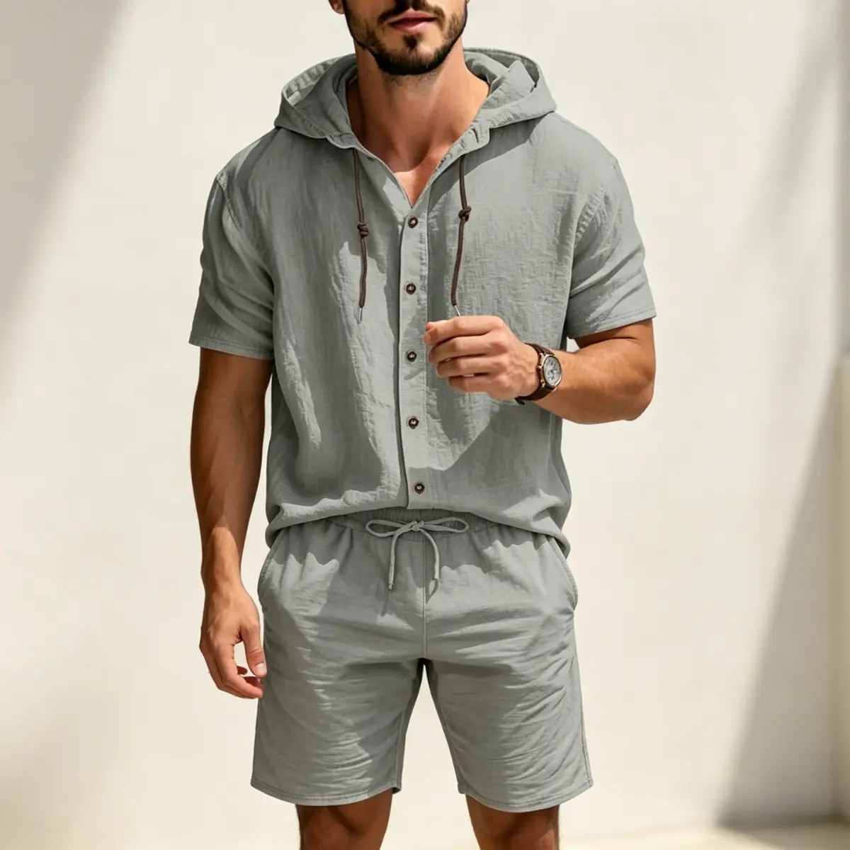 Men's Linen 2-Piece Summer Set – Hooded Henley Top & Matching Shorts, Casual Versatile Outfit
