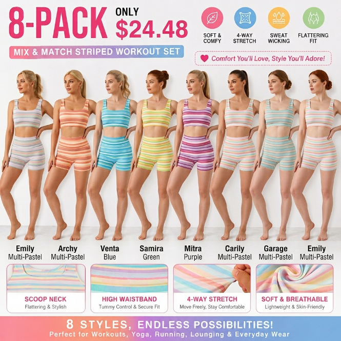 Women’s Rainbow Stripe 2 Piece Workout Set Sleeveless Crop Tank Top High Waist Biker Shorts Matching Lounge Outfit