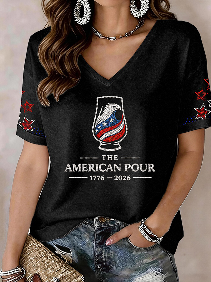 Women's The American Pour Rhinestone Pattern V-Neck T-Shirt